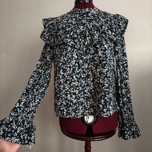 Ana A New Approach floral ruffle mock neck long sleeve blouse women's size M